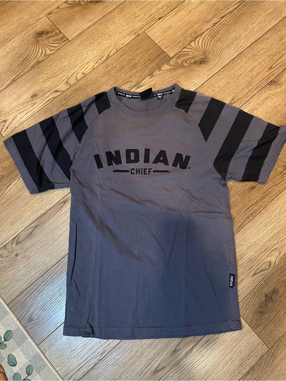 Indian Chief Short Sleeve Gray Logo Tee with Striped Sleeves